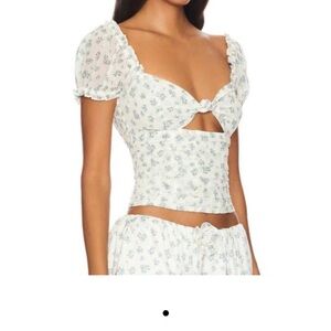 For Love And Lemons Chateau Puff Sleeve Floral Top Cream Blue Size Small